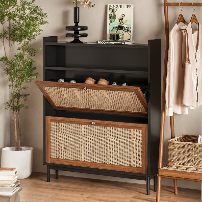 Simple Solid Wood and Rattan Narrow Shoe Cabinet