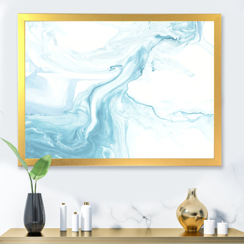 Art en marbre liquide bleu clair et blanc - peinture sur toile, H 34 po x l 44 po, Toile à cadre d'angle fermé doré