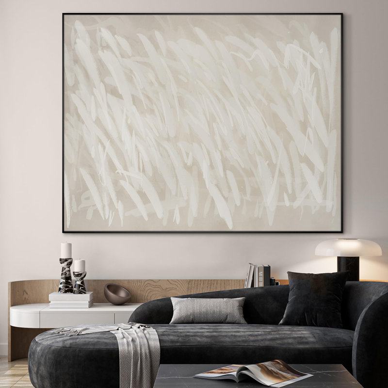 Extra Large Wall Art Fabric Print - White Brush Strokes on Beige Artwork Decor for Living Room or Bedroom - "Frame Assembly Required (Unfinished Frame)"