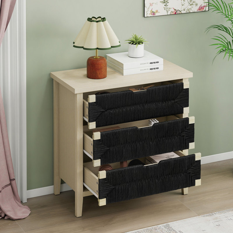 Buffet 3 tiroirs avec tablettes réglables, armoire de rangement avec tiroirs décoratifs en corde tissée à la main pour le salon de la cuisine