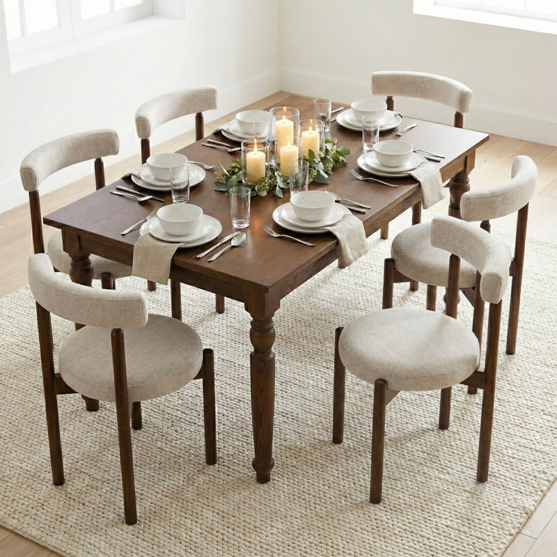 Skara Set of Two Walnut Effect Solid Wood Dining Chairs, Cream