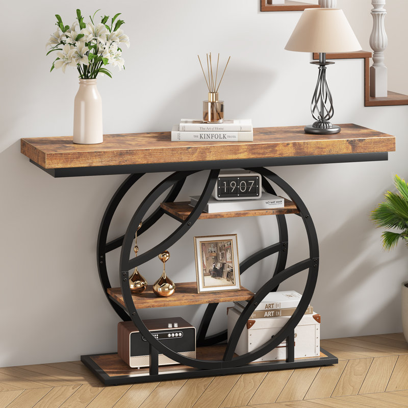 Console de style ferme moderne avec structure circulaire en métal, plateau en bois et étagères de rangement ouvertes pour le salon, la chambre à coucher et le couloir.