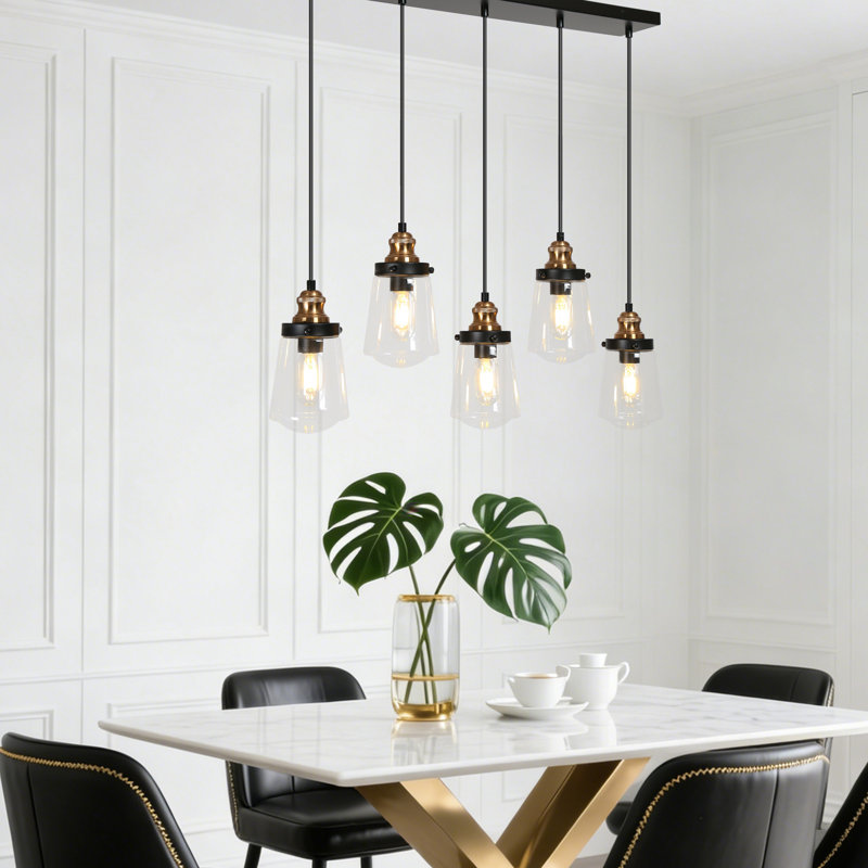 Lustre en grappe linéaire à 5 lumières avec abat-jour en verre en forme de goutte, lampe de salle à manger transitionnelle