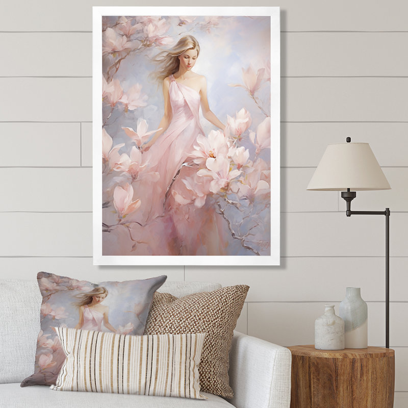 «White Pink Magnolias», impression romantique sur toile, H 32 po x l 16 po x P 1 po, Cadre photo blanc