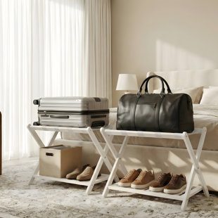 Ensemble de 2 porte-bagages, porte-valise pliable avec tablette de rangement et sangles en nylon, porte-bagages en bambou de qualité supérieure, peut supporter jusqu'à 150 lb, convient à la plupart des tailles de bagage, pour les chambres à coucher, 