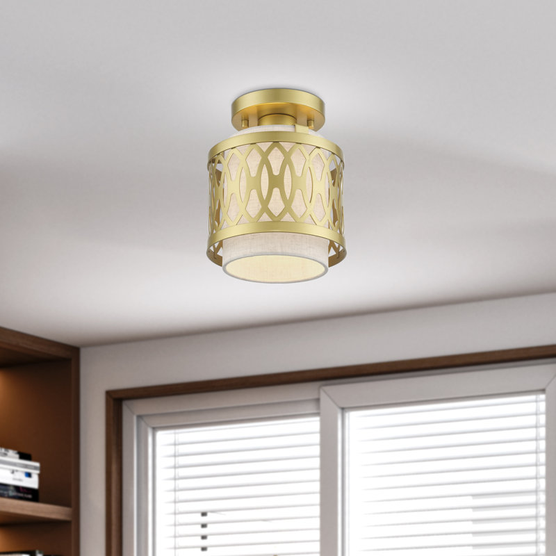 1 Light English Bronze Semi-Flush With Hand Crafted Oatmeal Color Fabric Hardback Shade, Soft Gold