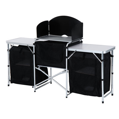 Camping Kitchen Table: Aluminum With 3 Cupboards And Windscreen. Perfect For Bbq, Party, Picnic, Backyard. Spacious Storage, Frame Portable Camp Surface: Windscreen Cupboards. Picnics, Parties,