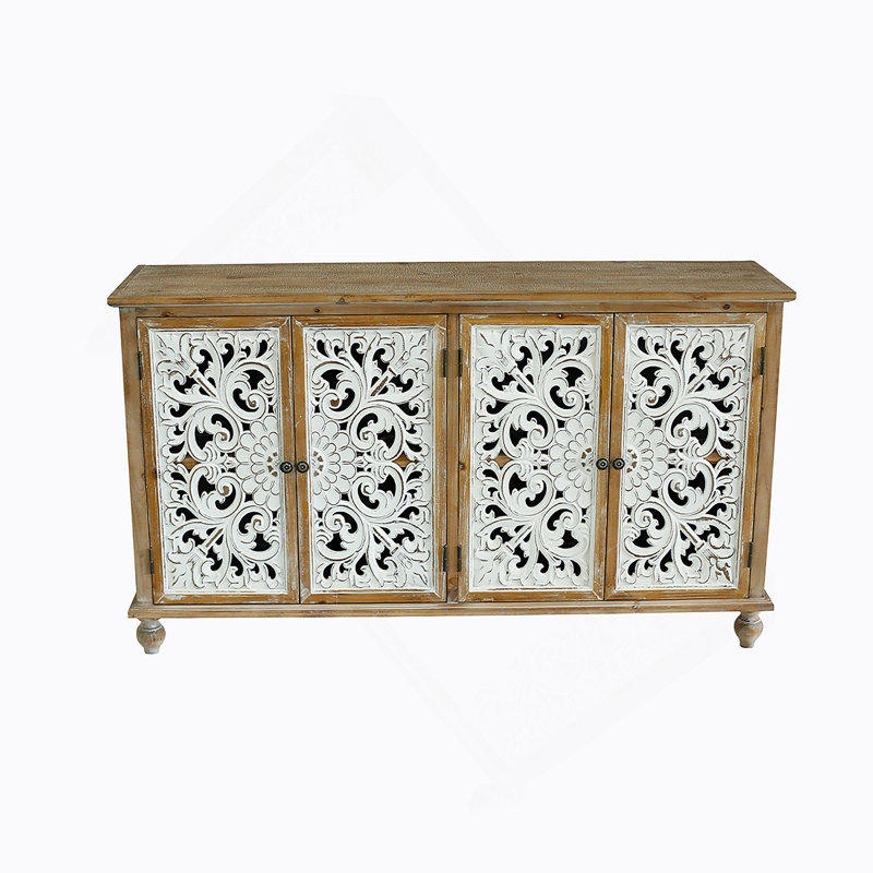 Armoire décorative avec 4 portes, armoire buffet avec rangement Farmhouse, crédence moderne avec portes florales sculptées en bois