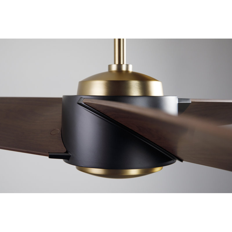 Ambit Downrod Ceiling Fan, Satin Brass/Matte Black, Wall/Remote Combo Controls, Mahogany