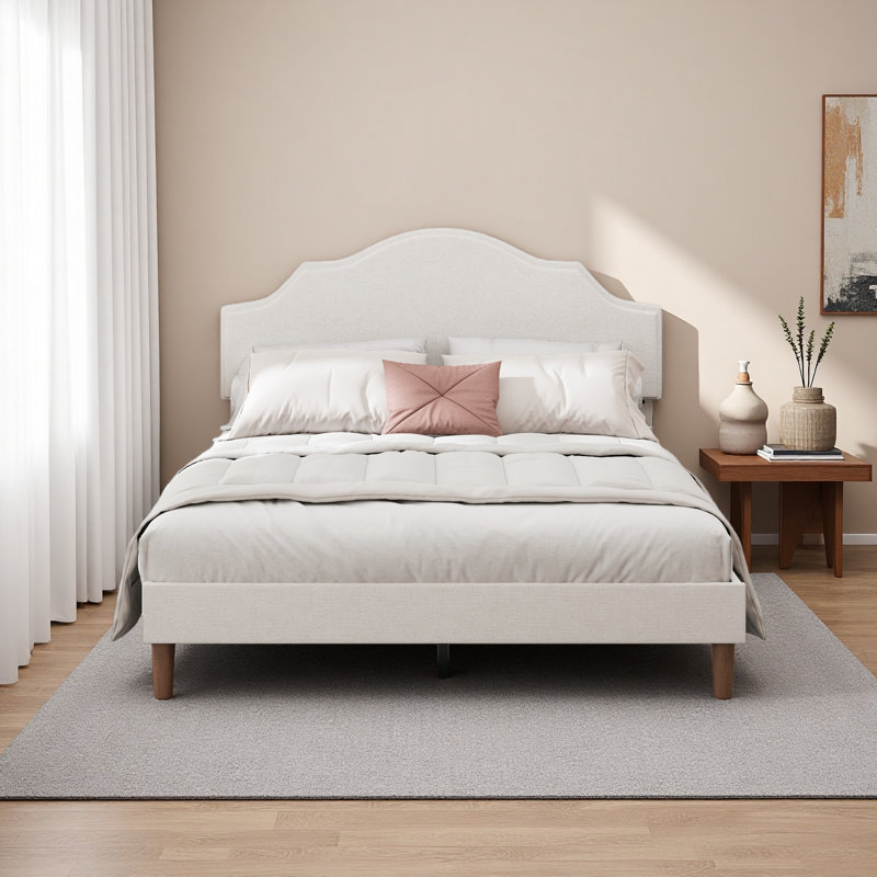 Lit plateforme tapissier avec tête de lit ajustable, rembourré en tissu de lin, lit plateforme de style simple et moderne sans sommier, assemblage facile