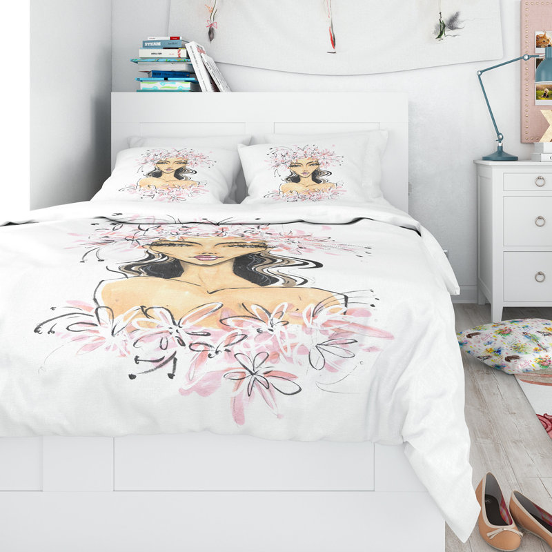 Ensemble de housse de couette Designart Young Girl in Flowers, Housse de couette très grand + 2 taies décoratives
