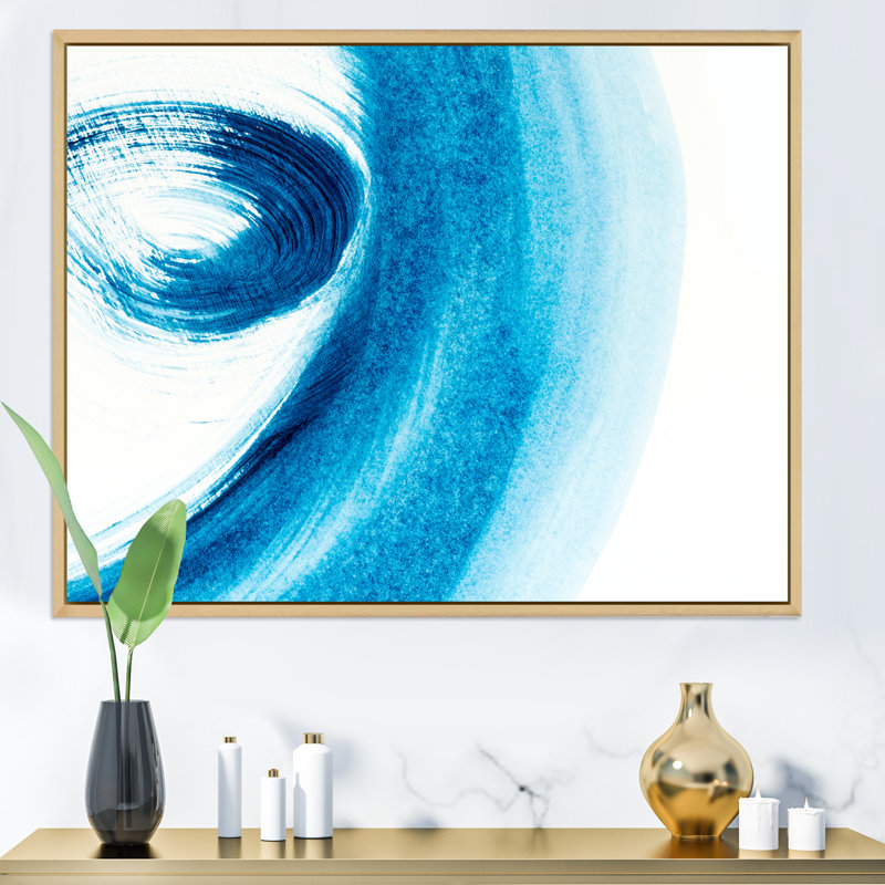 Coups de pinceau bleus sur blanc - peinture sur toile, H 30 po x l 40 po, Cadre flottant en érable