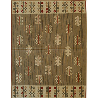 6x8 Green Flat Weave Wool Botanical Totem Geometric Modern Contemporary Carpet Rug
