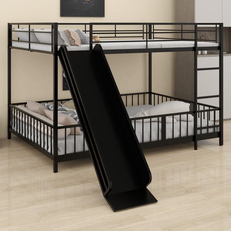 Metal Bunk Bed With Slide And Guardrails, Full Over Full, Black