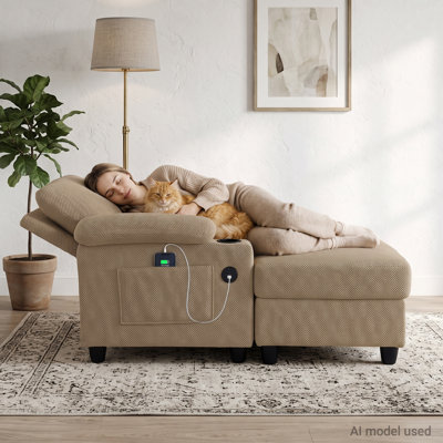 Fauteuil inclinable moderne rembourré de 94 cm de large avec repose-pieds de rangement amovible, station de recharge, porte-gobelets et poches latérales