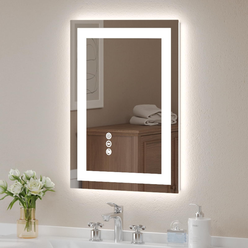 Frameless LED Bathroom Mirror 28x20 Inch, Tempered Glass, Wall-Mounted Vanity Mirror with Anti-Fog, 3 Colors Dimmable Light, Memory Function