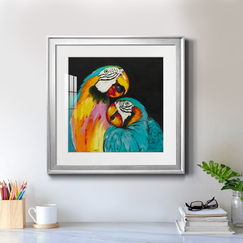 Perroquet ludique - peinture encadrée, H 22,5 po x l 22,5 po x P 1,5 po, Encadrement argenté