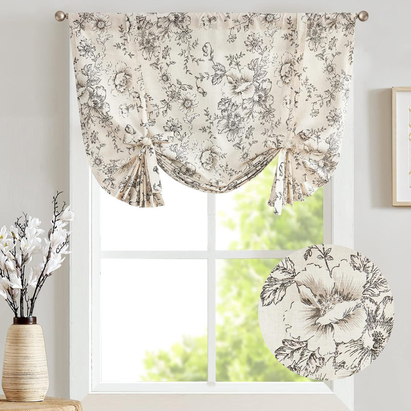Floral Linen Tie Up Shade Valance, Black, 42" W x 45" L