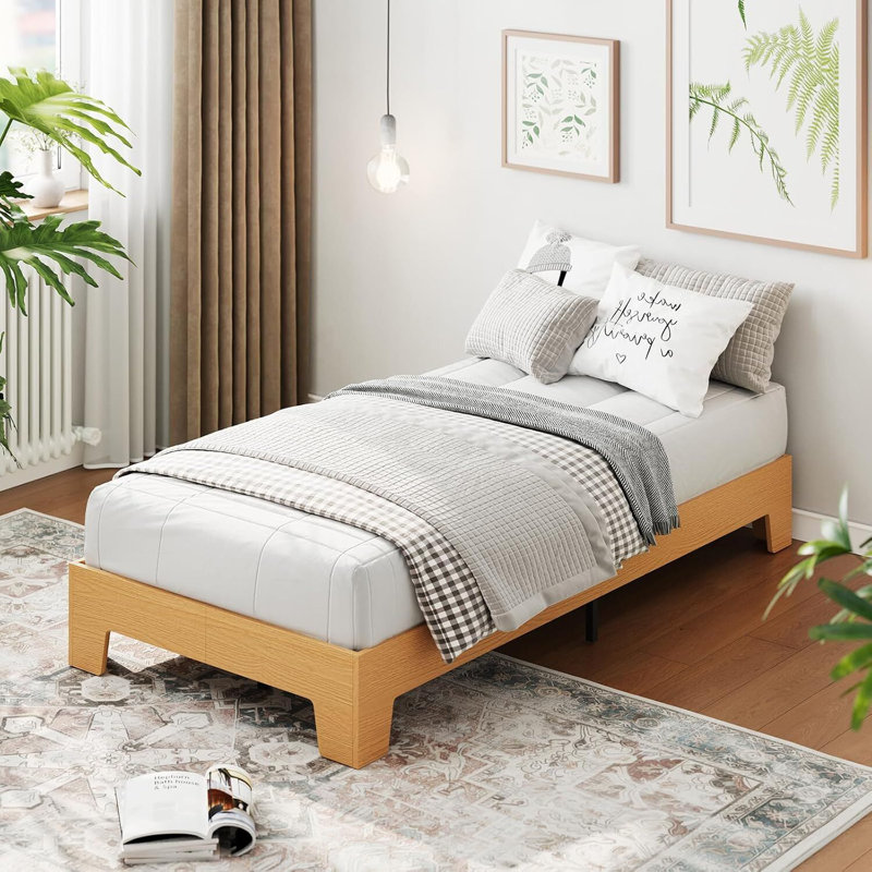 Twin Bed Frame, Platform Wood Bed Frame with Wooden Slat and Metal Slat Support, 10.24-inch Underbed Space for Storage, Twin
