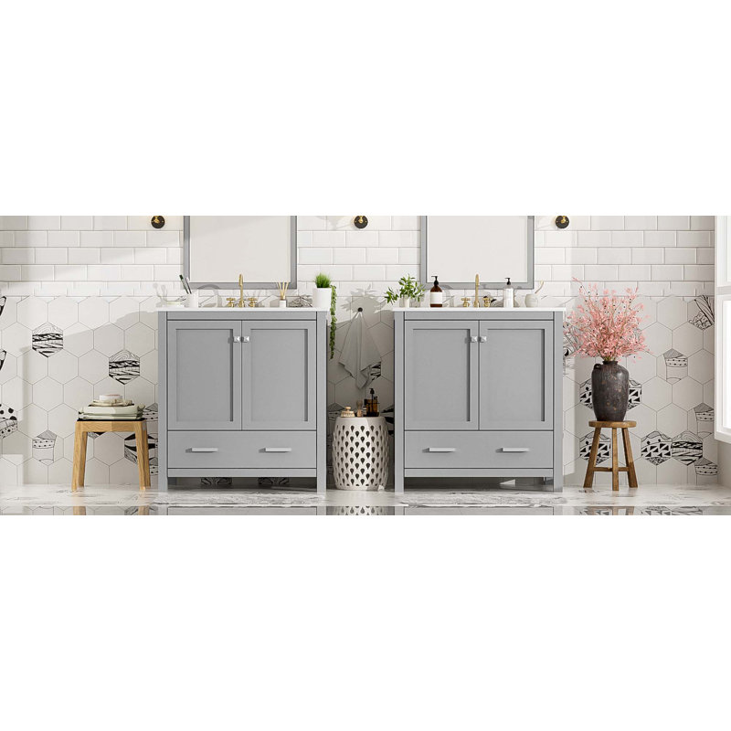 Ensemble de meuble-lavabo 60 po avec lavabos doubles (séparés), lavabos doubles en céramique, tablette de rangement et tiroirs divisés, miroir non inclus - Solution de salle de bain moderne pour salles de bain spacieuses