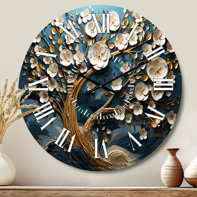 Blue And White Orchid Tree Golden Of Branches VI - Tree White Face Wall Clock