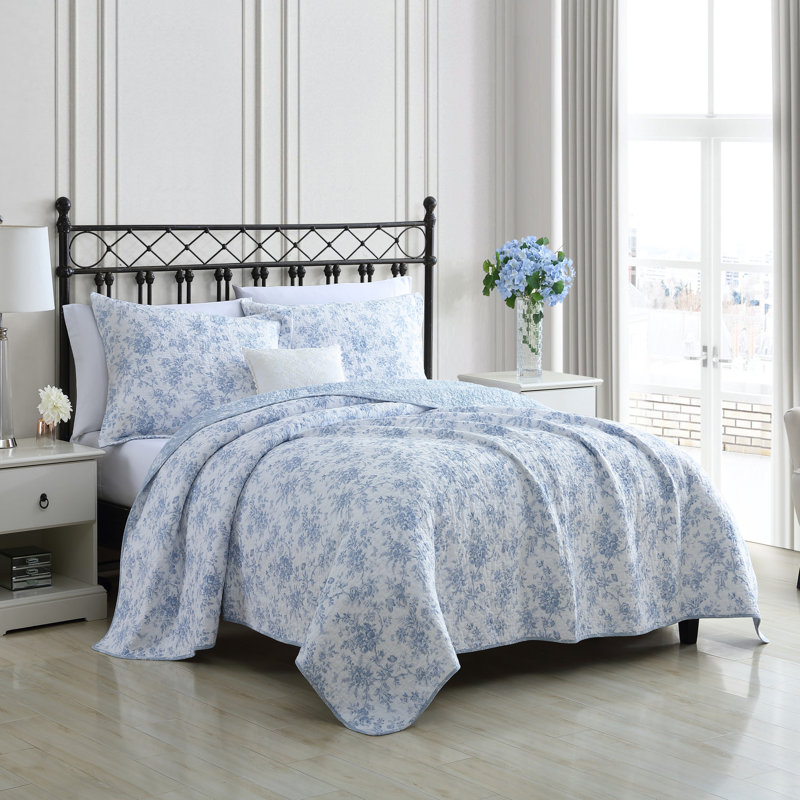 Ensemble de courtepointe réversible en coton Laura Ashley, Courtepointe double / grand et 2 taies décorative, Blue
