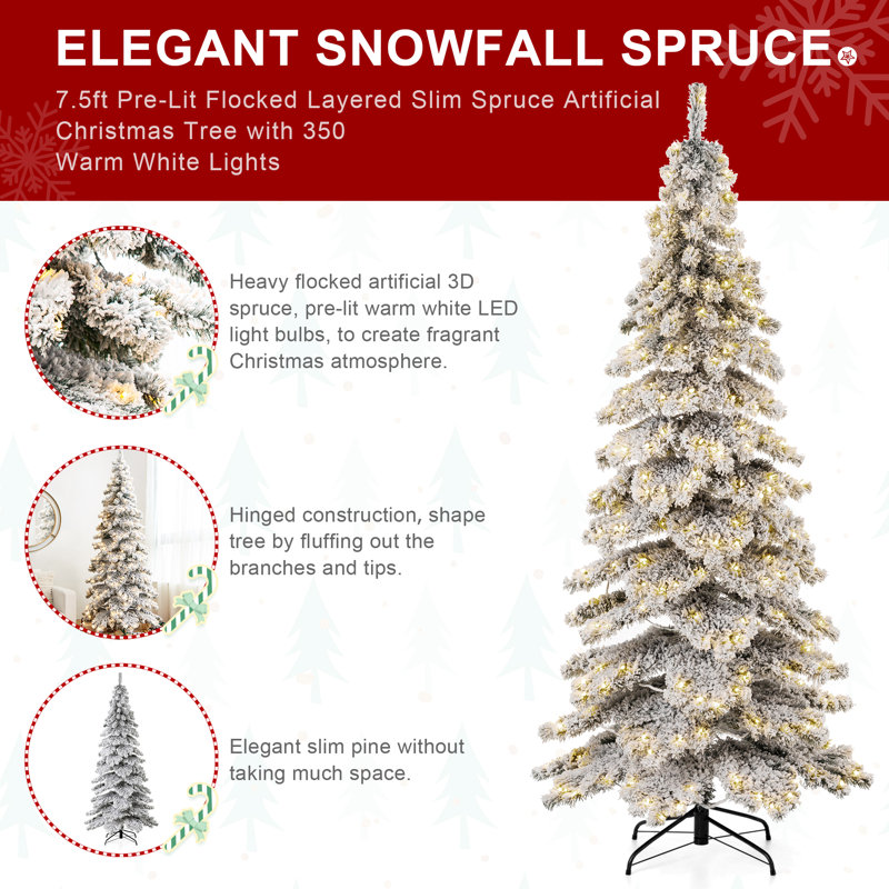 7.5ft White Flocked Slender Spruce Christmas Tree with LED Lights