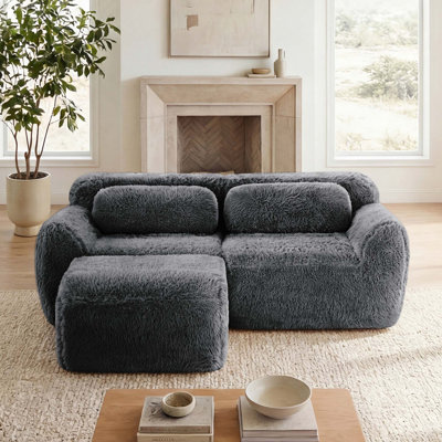 Ergonomic 2-Seat Modular Sectional Sofa with Soft Plush Fabric & 1 Ottoman, Anti-Slip Design, No Assembly Required