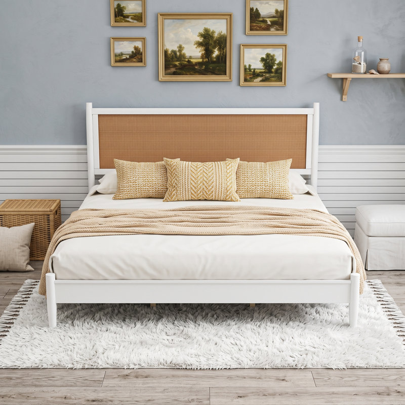 Lit plateforme en bois avec lattes et tête de lit, Très grand lit, White