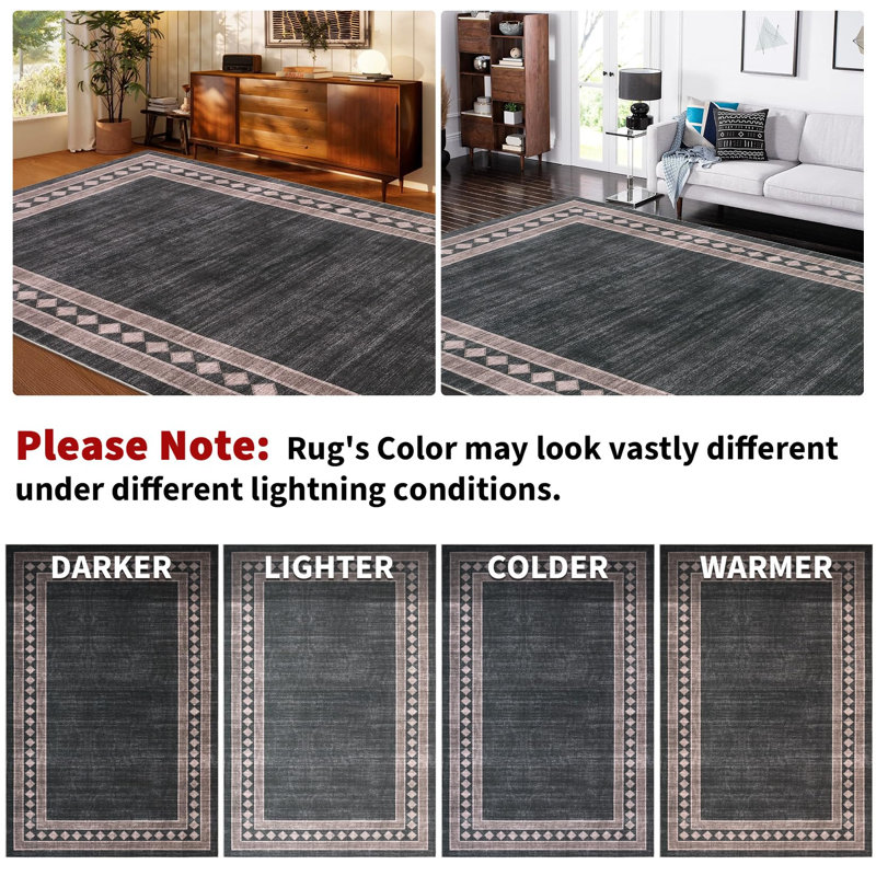 Washable Rugs for Living Room 9x12 Modern Geometric Area Rug, Low Pile Diamond Border Pattern Foldable Soft Carpet, Stain Resistant & Easy Cleaning Floor Mats for Home Office Decor, Black Brown