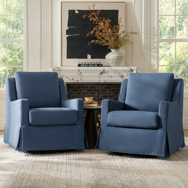 Gragg 30" W Farmhouse Slipcovered Down-Blend Swivel Rocking Chair with Pillow Back Set of 2, Slate Blue