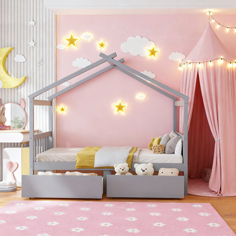 Lit simple avec tiroirs, gris
