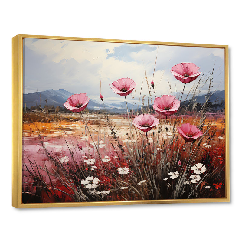«Pink Crimson Flower Meadow Field» sur impression sur toile, Cadre flottant doré, H 34 po x l 44 po x P 1,5 po