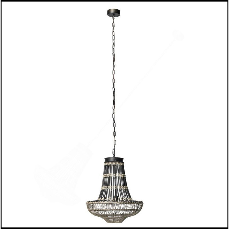 Lustre suspendu en rotin de 20 pouces avec perles, noir