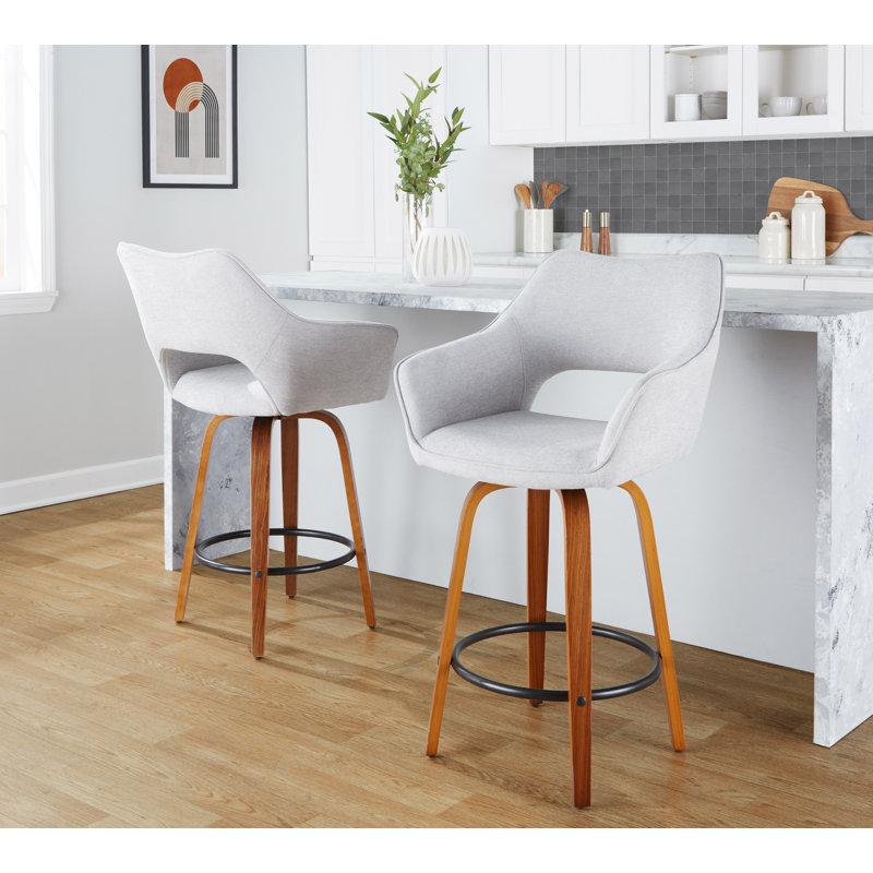 Sarah Fixed-Height Fabric Bar & Counter Stool with Bent Wood Legs & Round Footrest, Counter Stool (26" Seat Height)