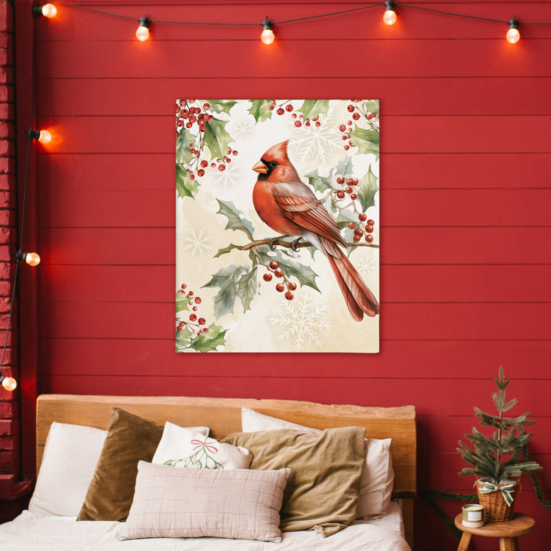 Cardinal sur toile de branche de houx, design par Nicole DeCamp, H 48 po x l 36 po