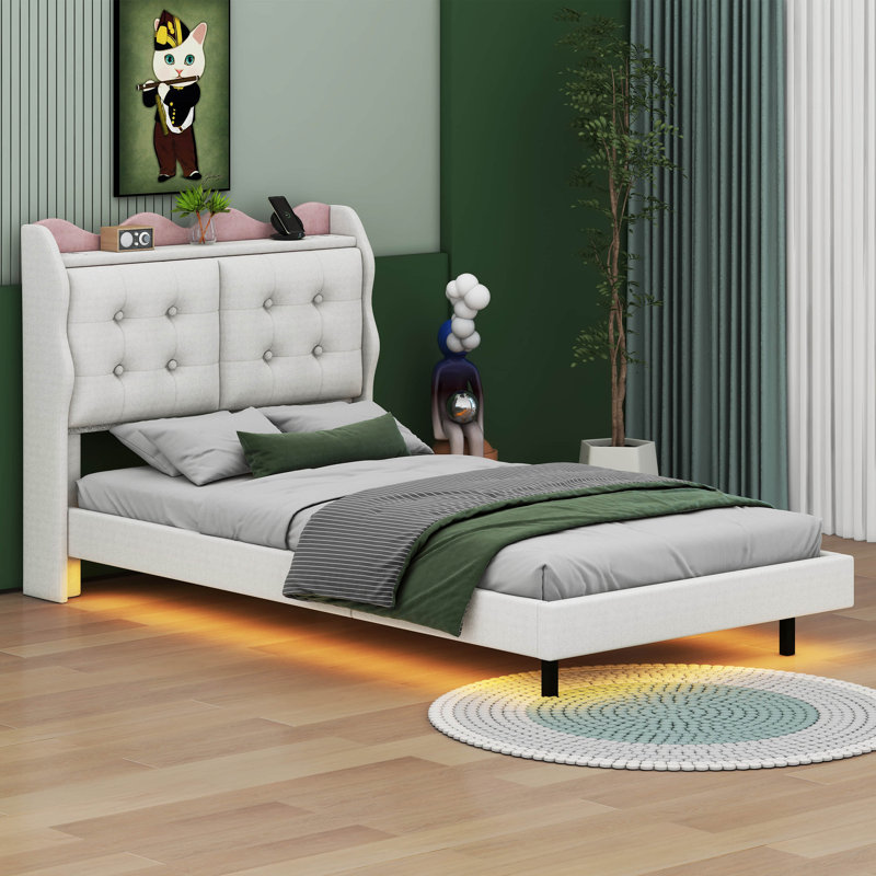 Structure de lit plateforme Kinzi, Simple, Beige