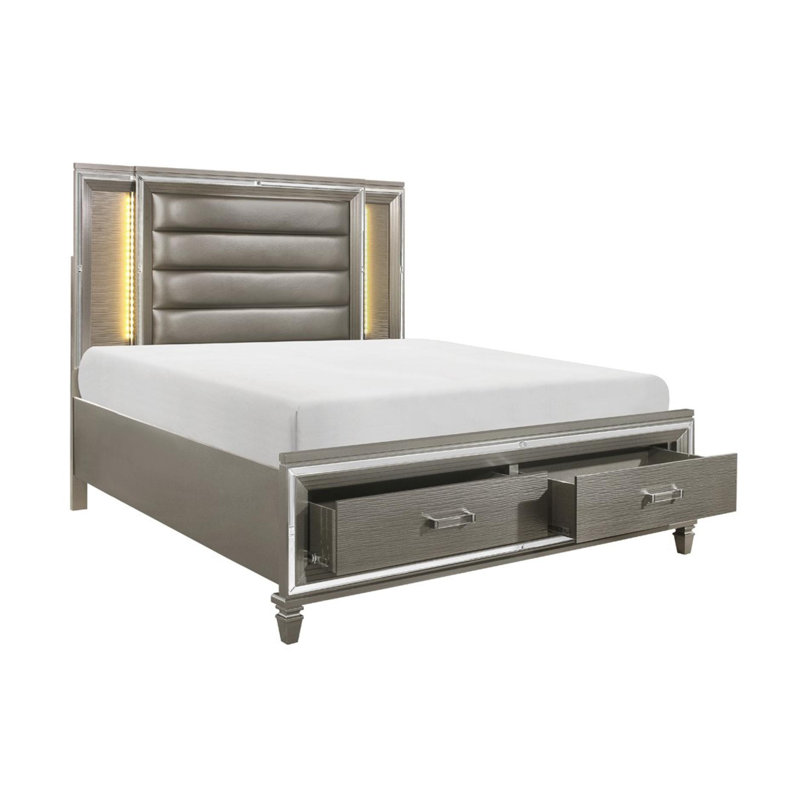 Ensemble de chambre avec lit tapissier Estrellas, Grand, Argenté / gris, Six pièces : lit, commode, miroir, deux tables de