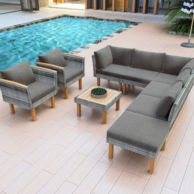 9 Patio Furniture With Wood Accents, Pe Sectional, Thick Foam Cushions, Weather , Removable Covers, Comfortable Seating, Multi-functional Arrangement