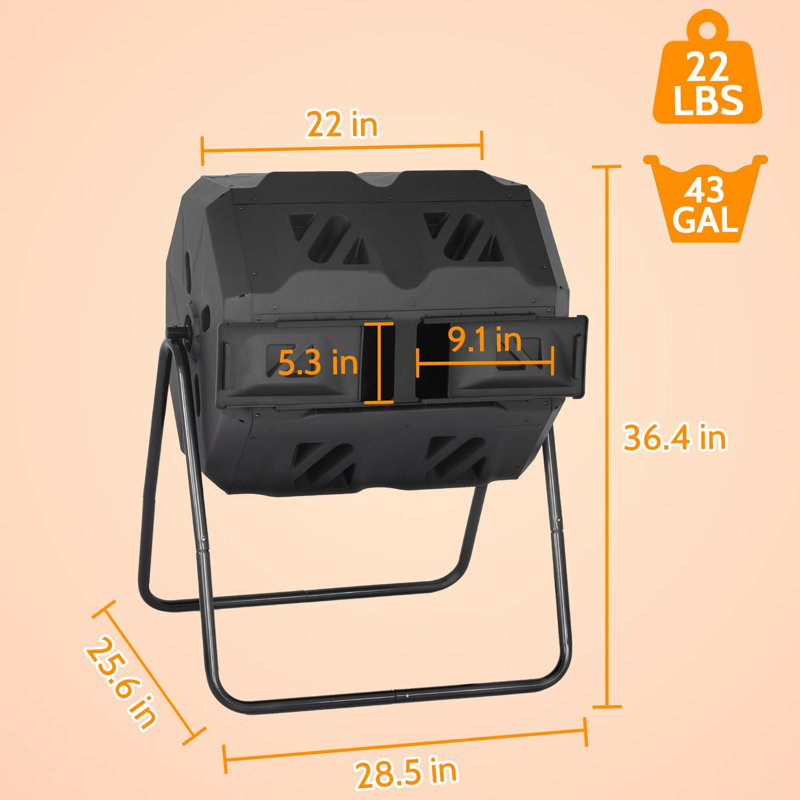 Composteur rotatif 43 gallons résistant aux odeurs, Noir