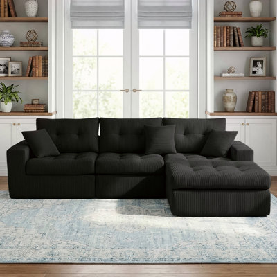 Corduroy Corner Chaise Compression Sofa Bed, L-Shaped Sectional Couch with High-Density Sponge, No-Assembly Required Convertible Sofa for Living Room, Apartment, Guest Room(Black)
