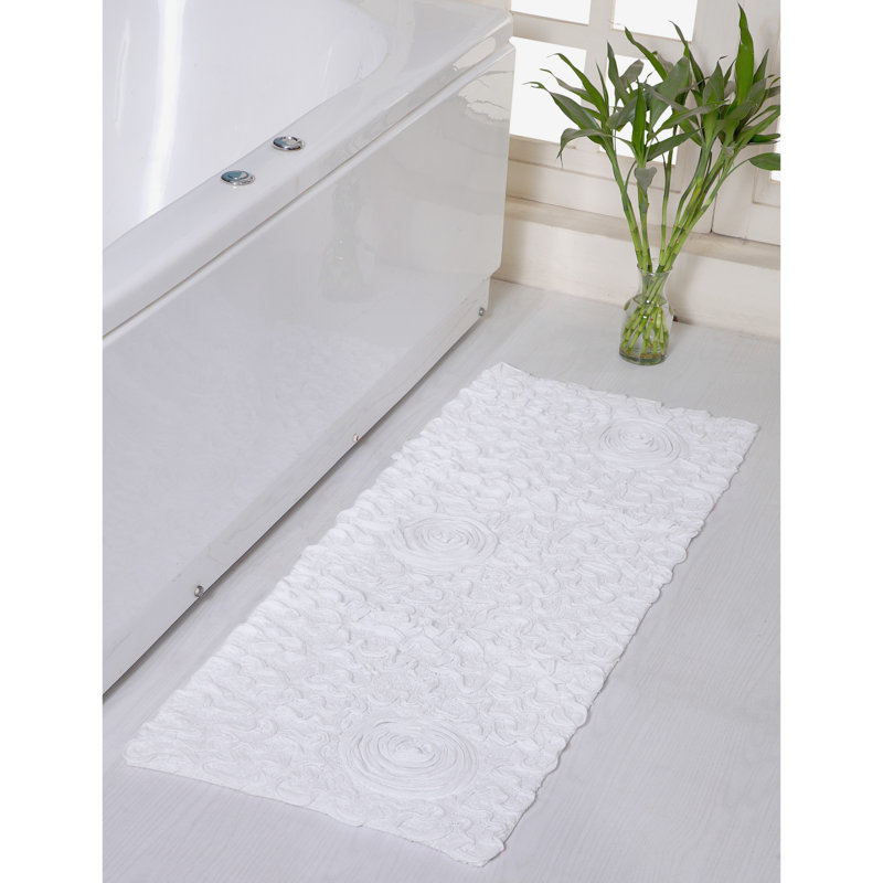 Schoenberger Floral Design Cotton Bath Rug, 54" L x 21" W, White