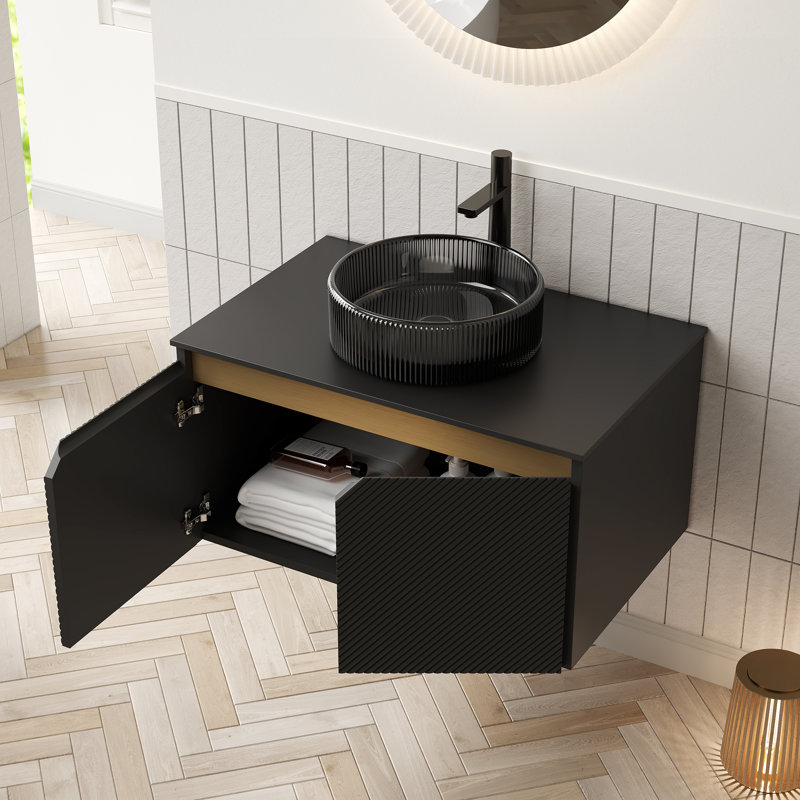 Virella Modern Luxe Floating Plywood Bathroom Vanity with Glass Vessel Basin, Black, 30", Black Glass