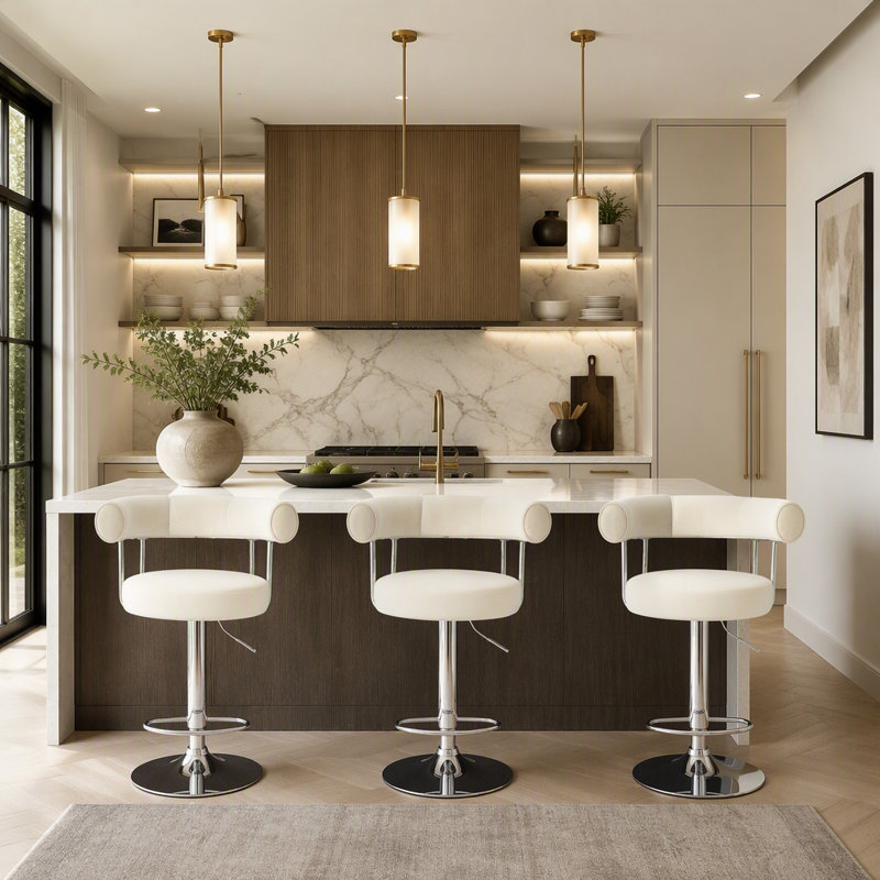 Ensemble de 2 tabourets de bar hauts, recouverts de velours, avec dossier et structure en acier inoxydable., White, Argent
