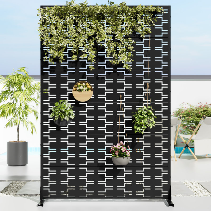 6 ft. H x 4 ft. W Metal Privacy Screen Fence Panel Brick Pattern, Black