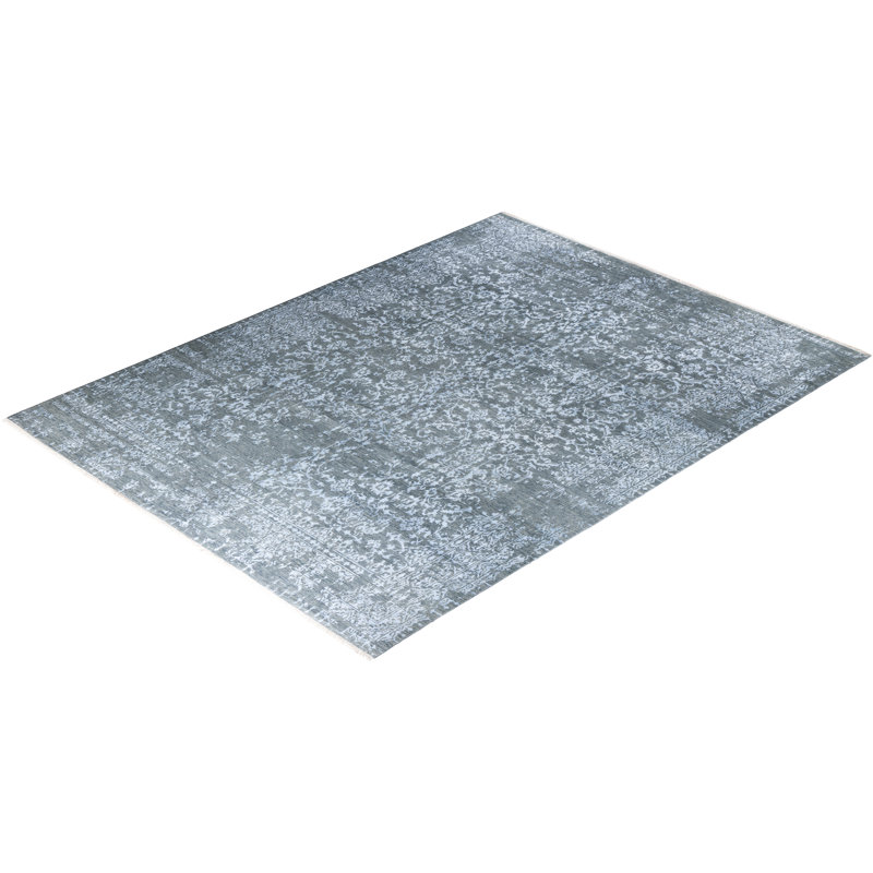 Tapis noué à la main de conception unique Ikat - bleu, 9 pi 2 po x 12 pi 3 po