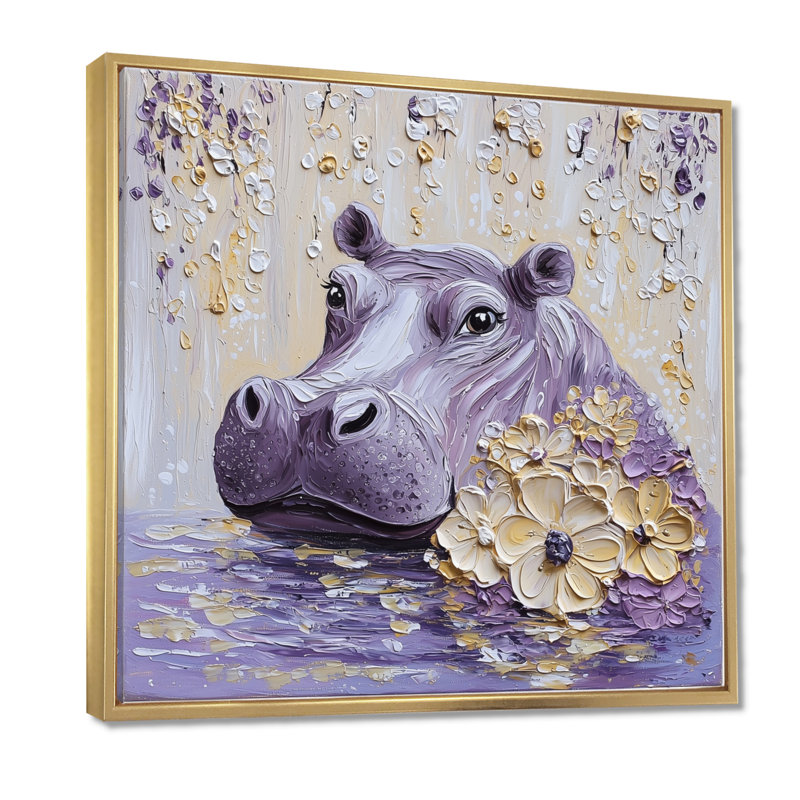 Lavande, hippopotame, pâture, les prés II - Hippopotame, impression d'art mural, H 16 po x l 16 po, Doré