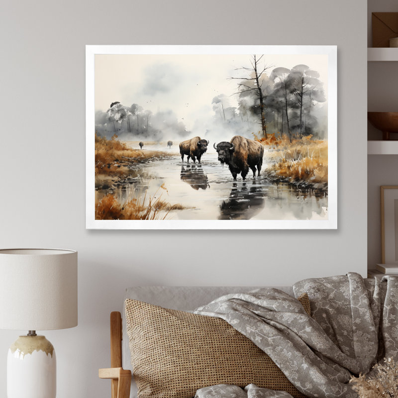 «Gray Buffalo Misty Morning Grazing II», reproductions sur toile d'animaux, Cadre simple blanc, H 24 po x l 32 po x P 1 po