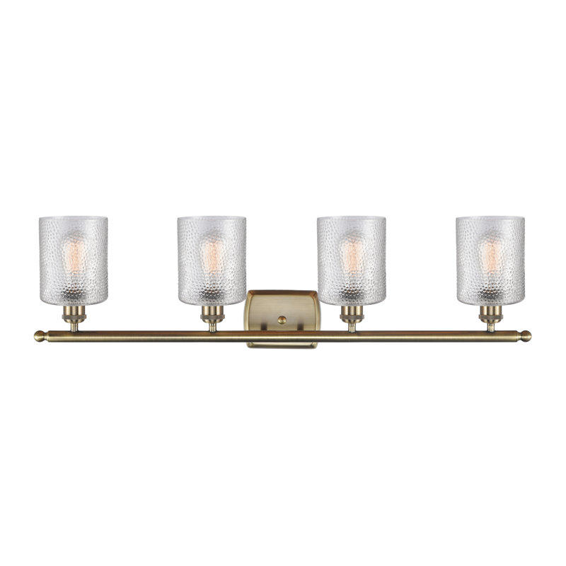Éclairage pour meuble-lavabo 4 lumières à intensité variable en laiton antique Wilfong, Transparent, DEL