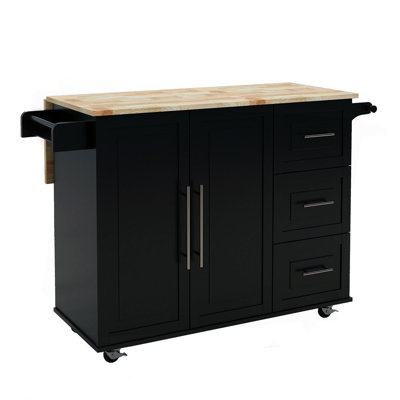 Kitchen Island With Spice Rack, Towel Rack And Extensible Solid Wood Table Top-Black